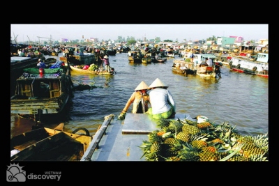 Busy floating market in Mekong Delta - Mekong River Tour